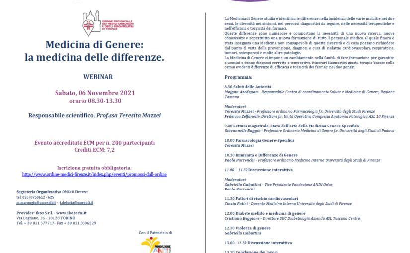 medicina di genere 6 nov 2021 Firenze, 6/11/2021 - Webinar: Medicina di Genere: la medicina delle differenze.